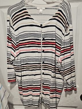 CJ Banks Striped Cream Cardigan with Black, Coral and Tan Stripes